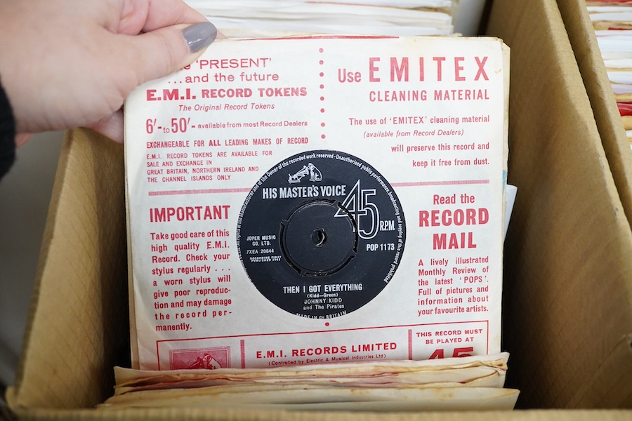 Three boxes of 7 inch singles, all on HMV record labels, artists include; Ray Charles, Manfred Mann, The Swinging Blue Jeans John Leyton, Mike Berry, Kay Starr, Tony Martin, Eddie Fisher, Don Lang, Fats Domino, Johnny Ki